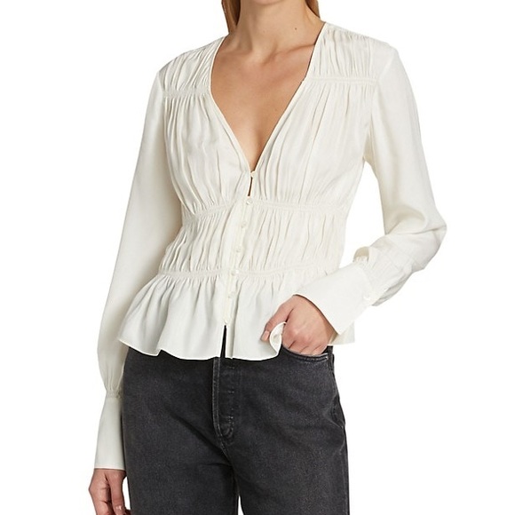 Frame Denim Tops - FRAME Ruched V-Neck Silk off-white Blouse M NWT